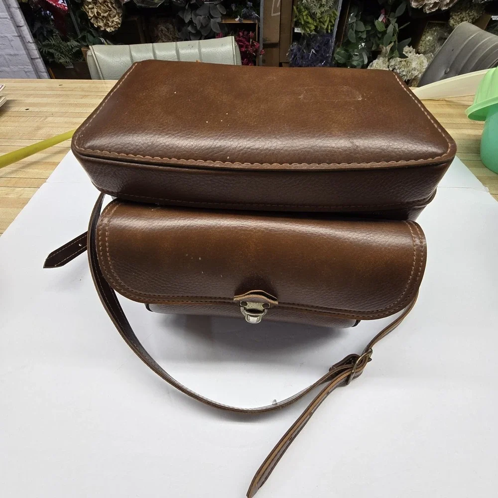 Vintage Hard Brown Leather? Like Camera Case Shoulder Bag Velvety Interior Strap